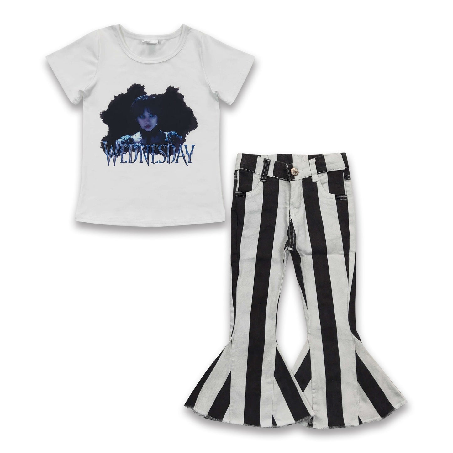 Wear black shirt stripe jeans girls clothing set