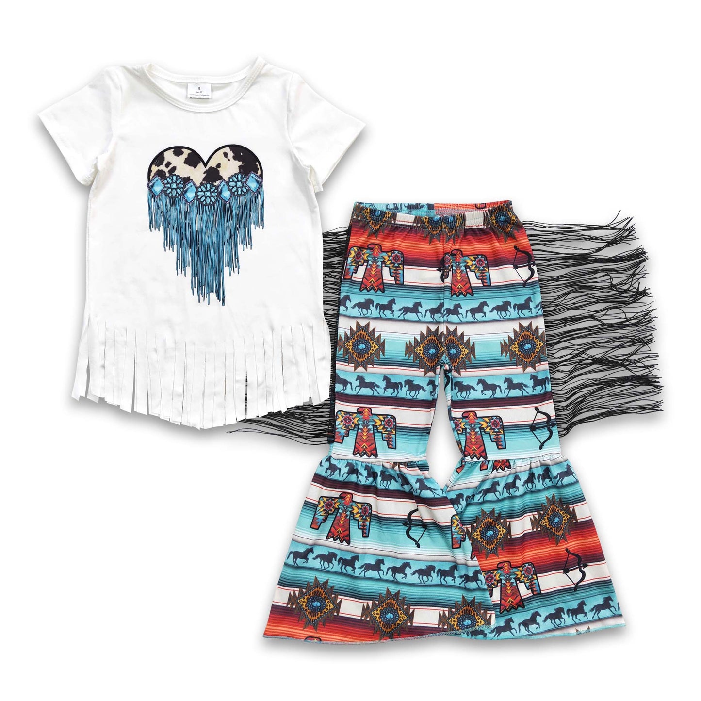 Cow turquoise heart shirt horse bird tassels pants girls clothing