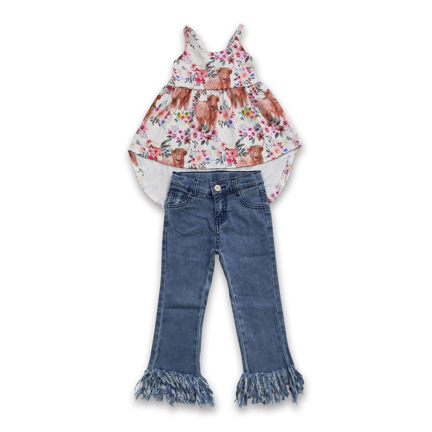 Highland cow top tassels jeans girls clothing set