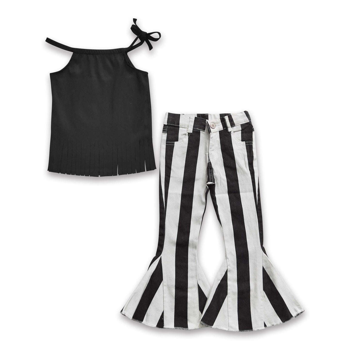 Black tassels sleeveless top black stripe jeans western girls clothes