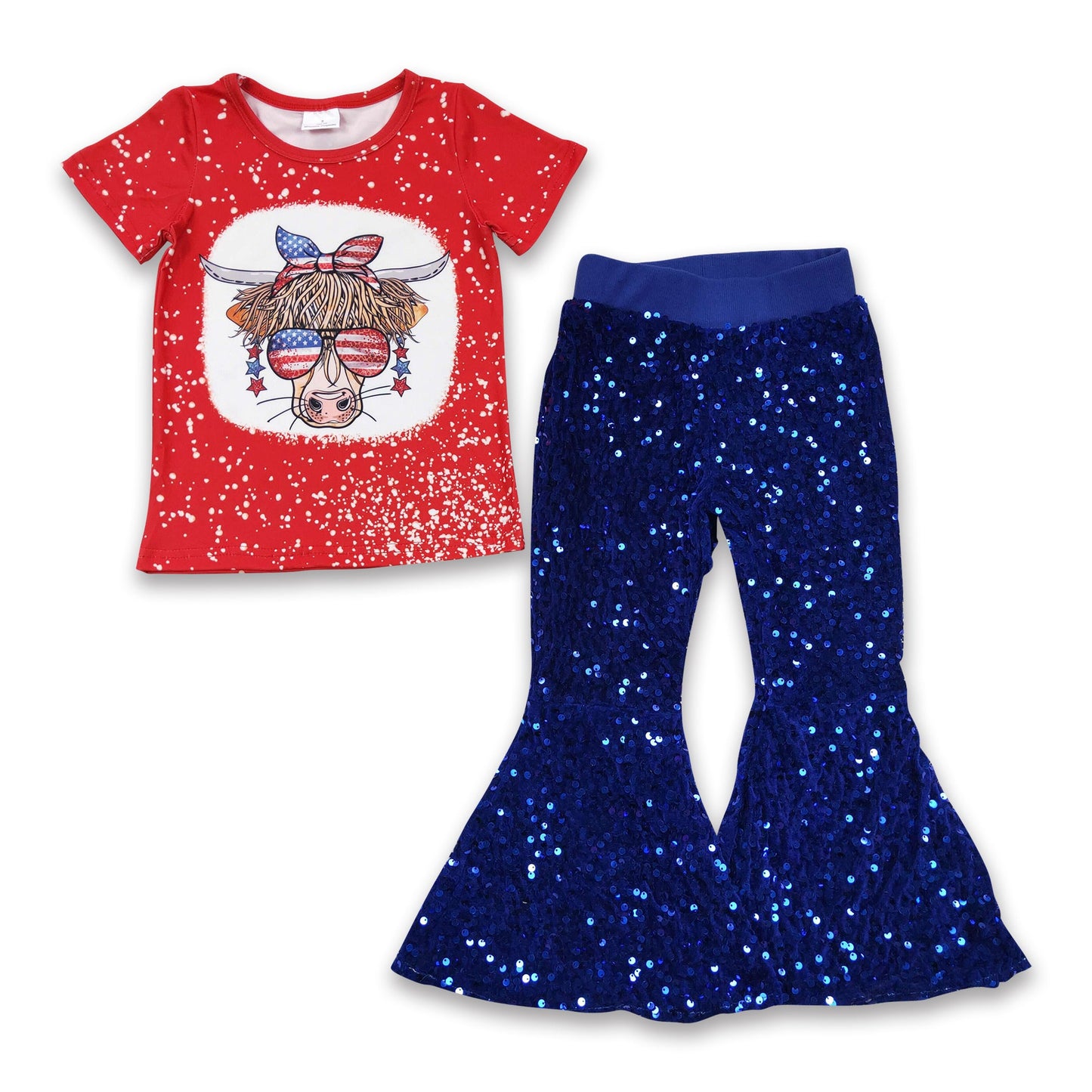 Highland cow glasses shirt blue sequin girls 4th of july outfits