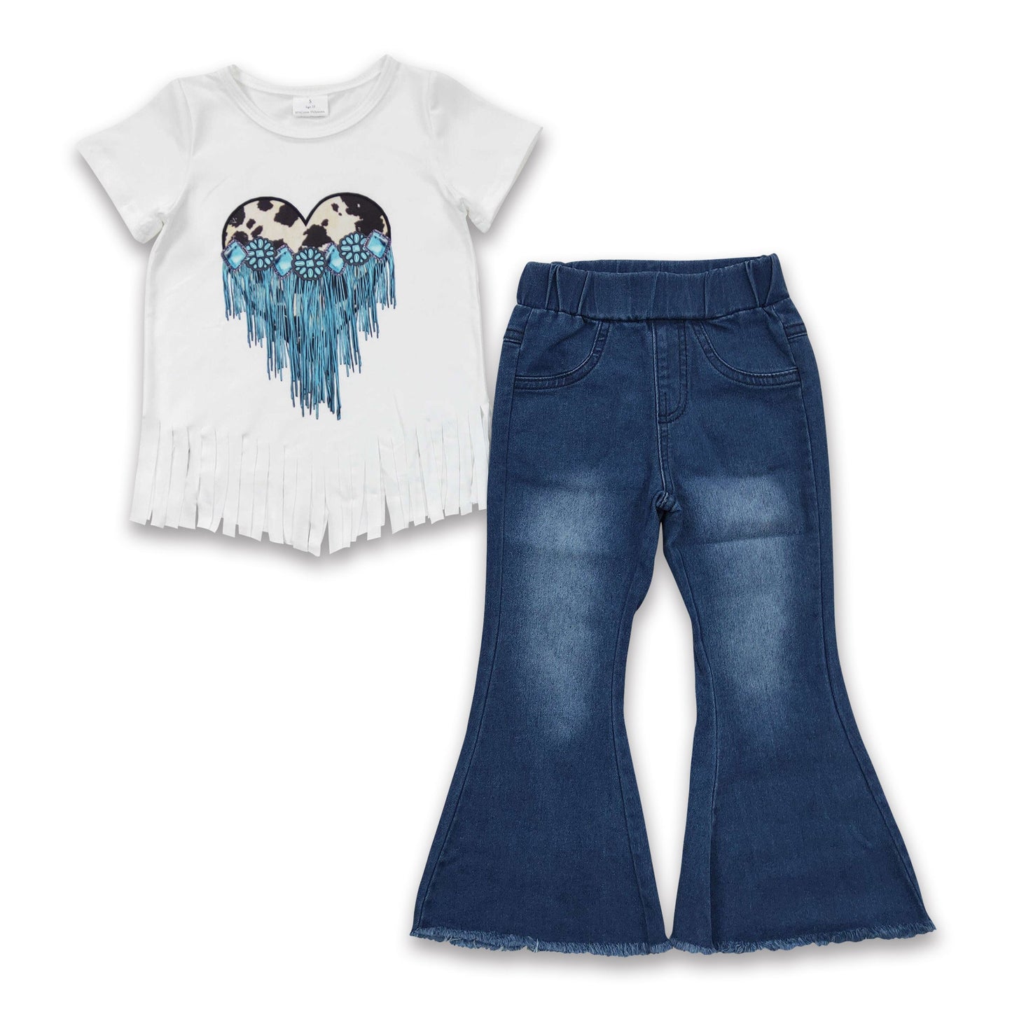 Turquoise cow heart shirt jeans baby girls outfits