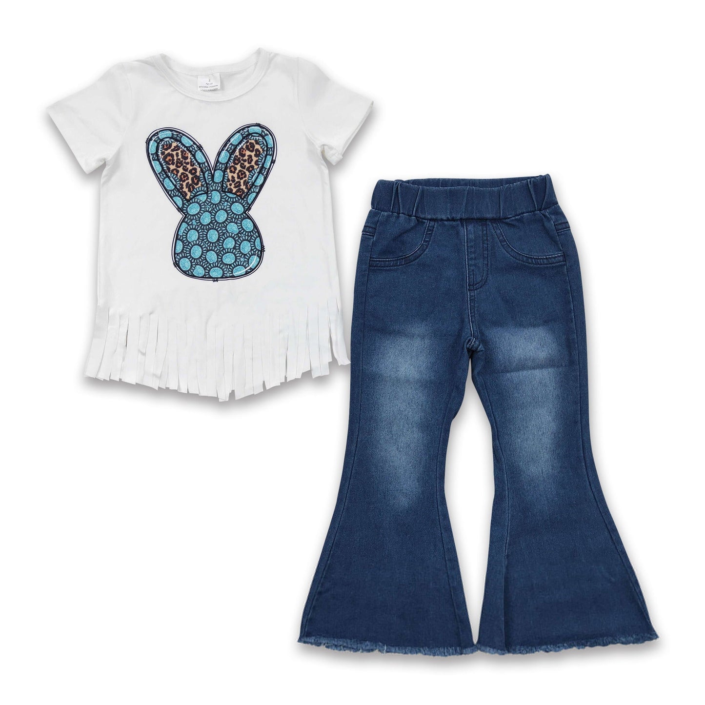 Turquoise rabbit tassels shirt jeans girls easter clothing