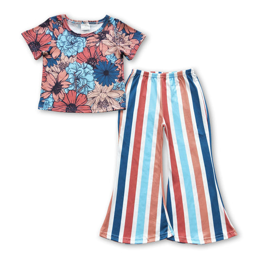 Short sleeves floral top stripe pants girls clothing set