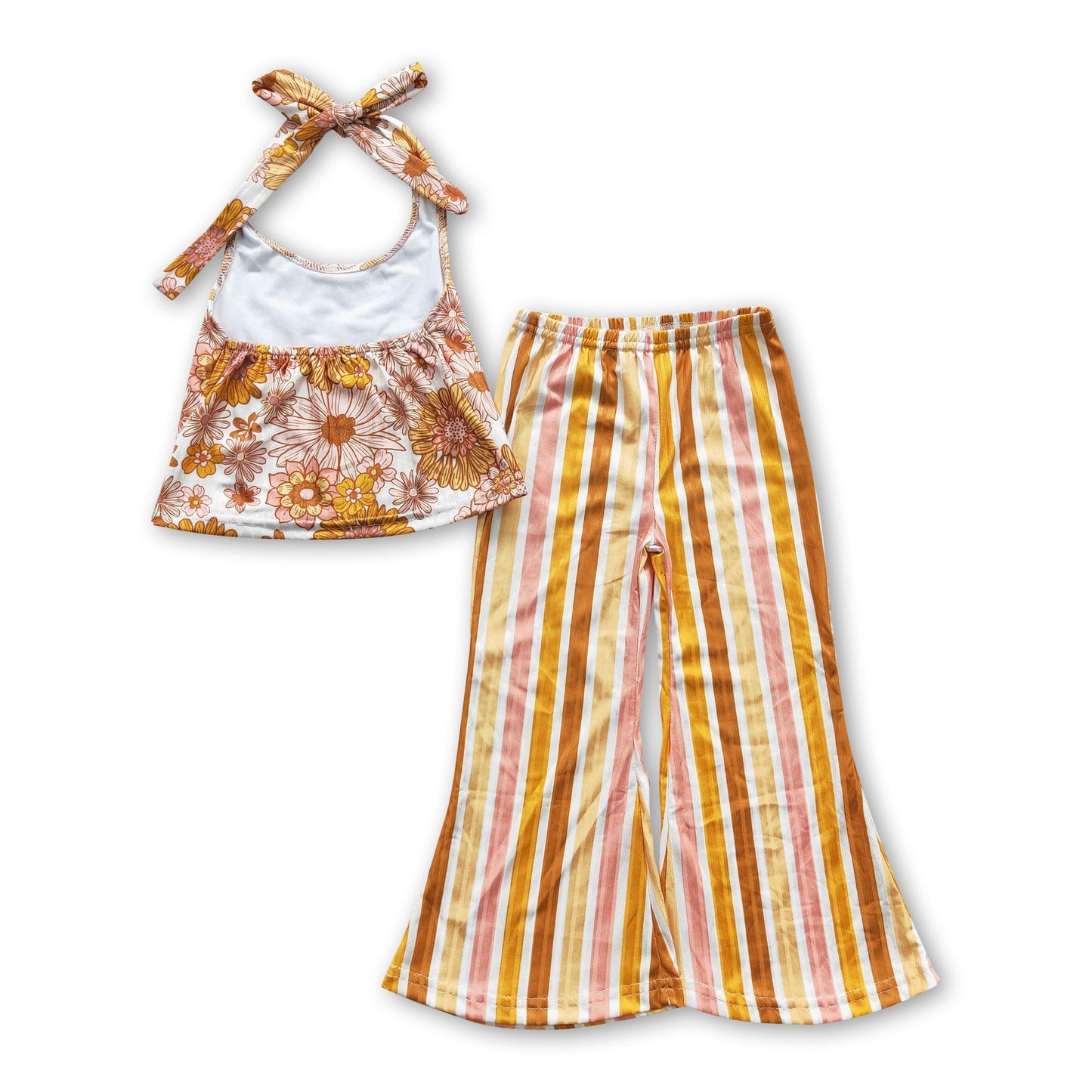 Flower halter top stripe pants kids girls clothing set