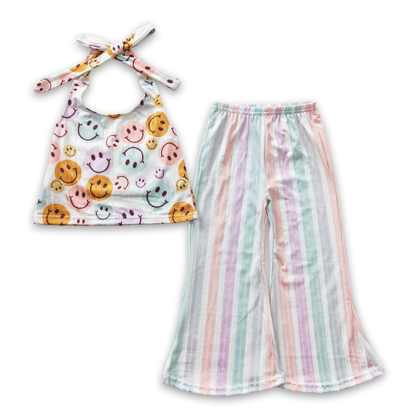 Smile halter top stripe pants kids girls clothing set