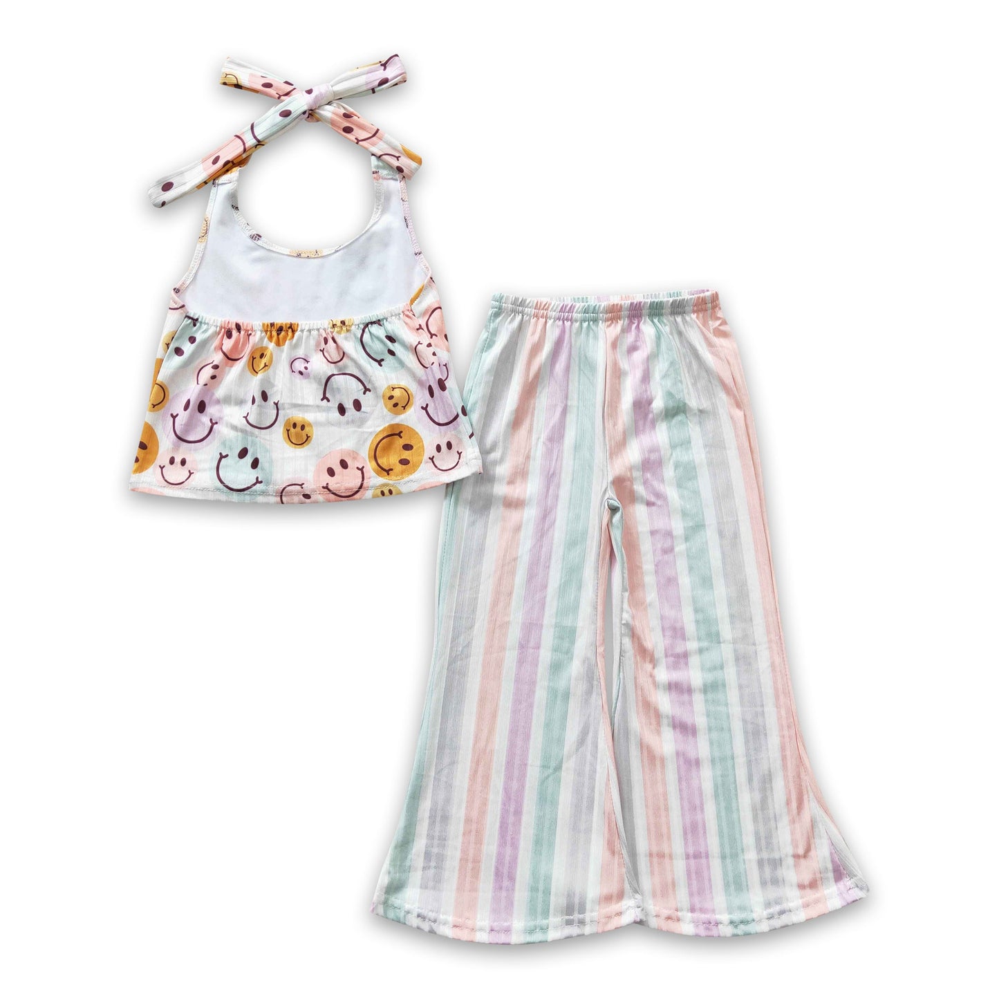 Smile halter top stripe pants kids girls clothing set