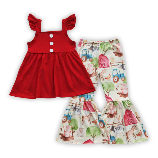 Red top farm bell bottom pants kids girls clothes