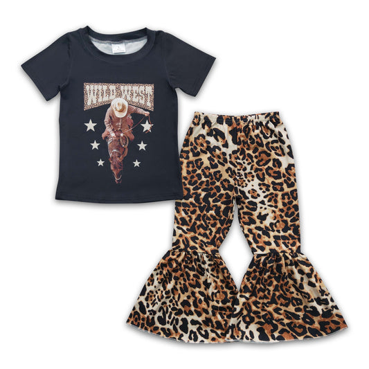 Wild west horse rodeo leopard kids girls clothing set