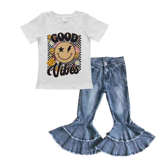 Good vibes smile shirt washed jeans girls clothes