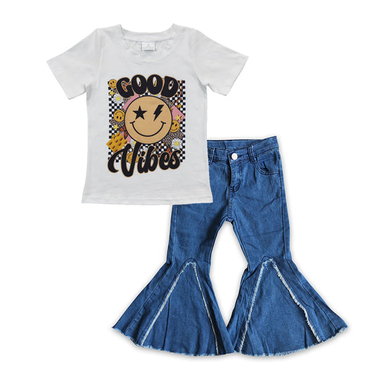 Good vibes smile shirt blue jeans girls clothes