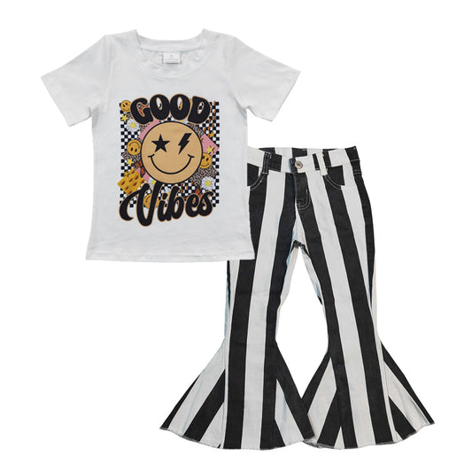 Good vibes smile shirt black stripe jeans girls clothes