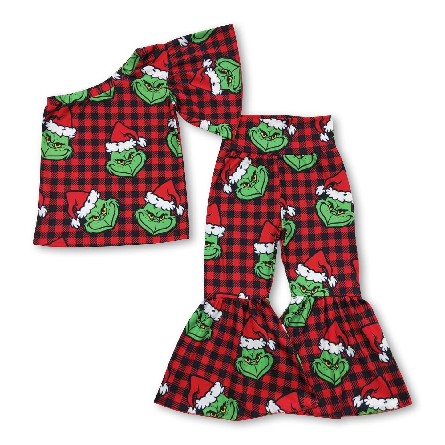 Green face plaid one shoulder girls Christmas clothes