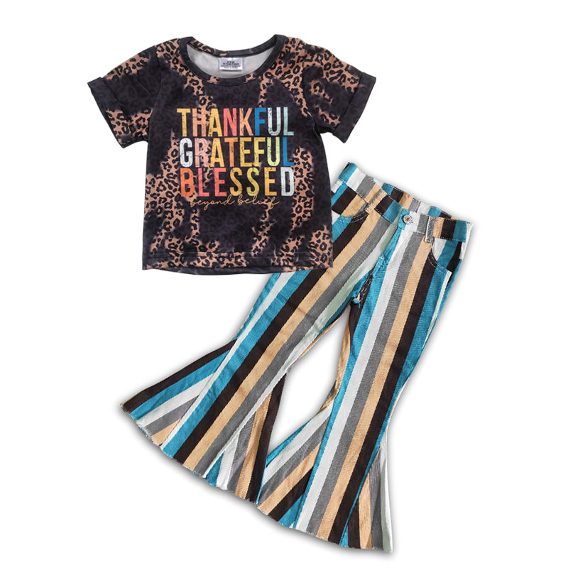 Leopard shirt blue khaki stripe jeans girls Thanksgiving clothes