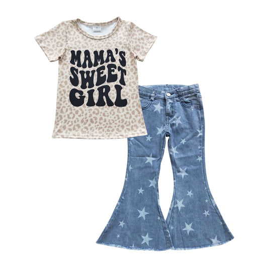 Mama's sweet girl leopard shirt stars jeans girls clothing set