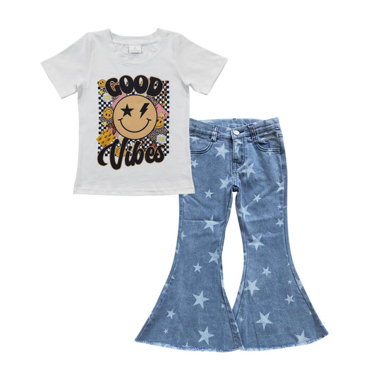 Smile plaid shirt stars jeans girls clothing set