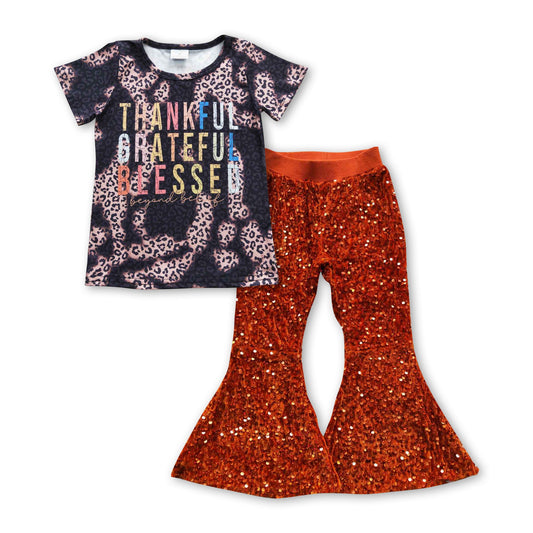 Thankful grateful blessed shirt sequin pants girls Thanksgiving clothes
