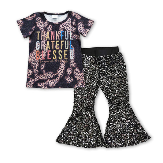 Thankful grateful blessed shirt black sequin pants girls Thanksgiving clothes
