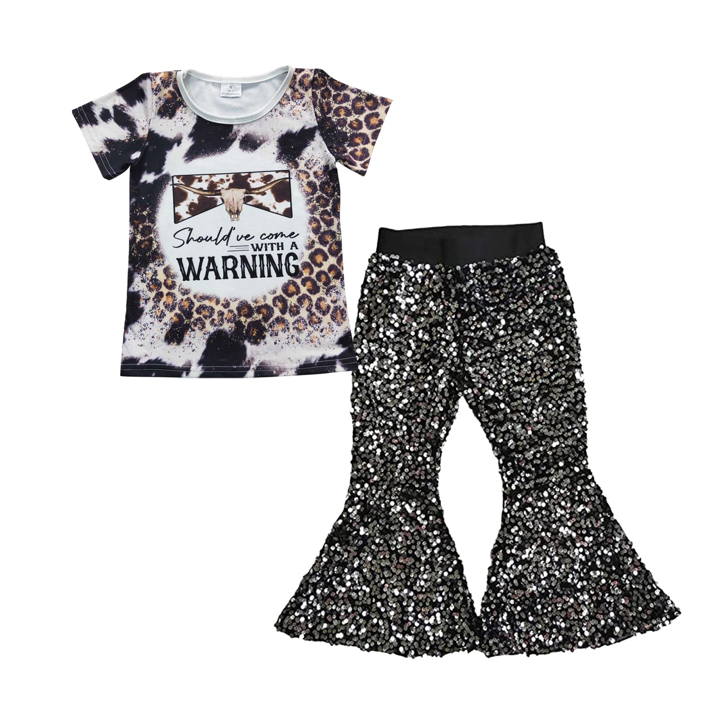 Bull skull cow leopard shirt black sequin pants girls outfits