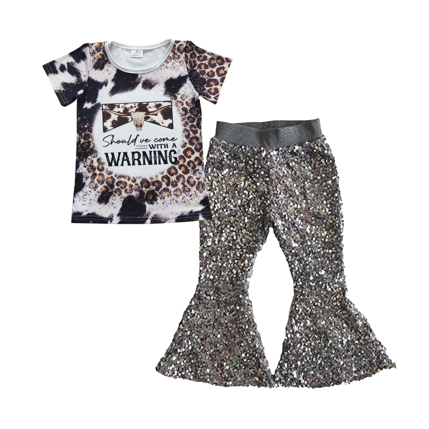 Bull skull cow leopard shirt grey sequin pants girls outfits