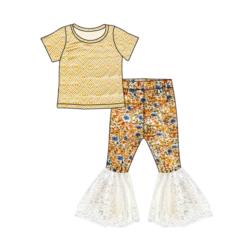 Short sleeves shirt lace bell bottom pants girls clothes