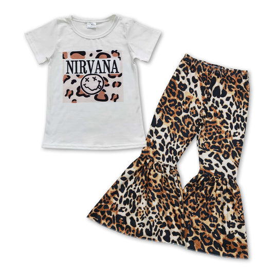 Smile leopard top bell bottom pants kids girls clothes