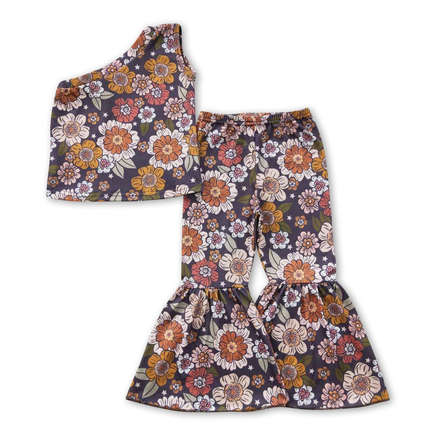 One shoulder floral top pants girls clothing set