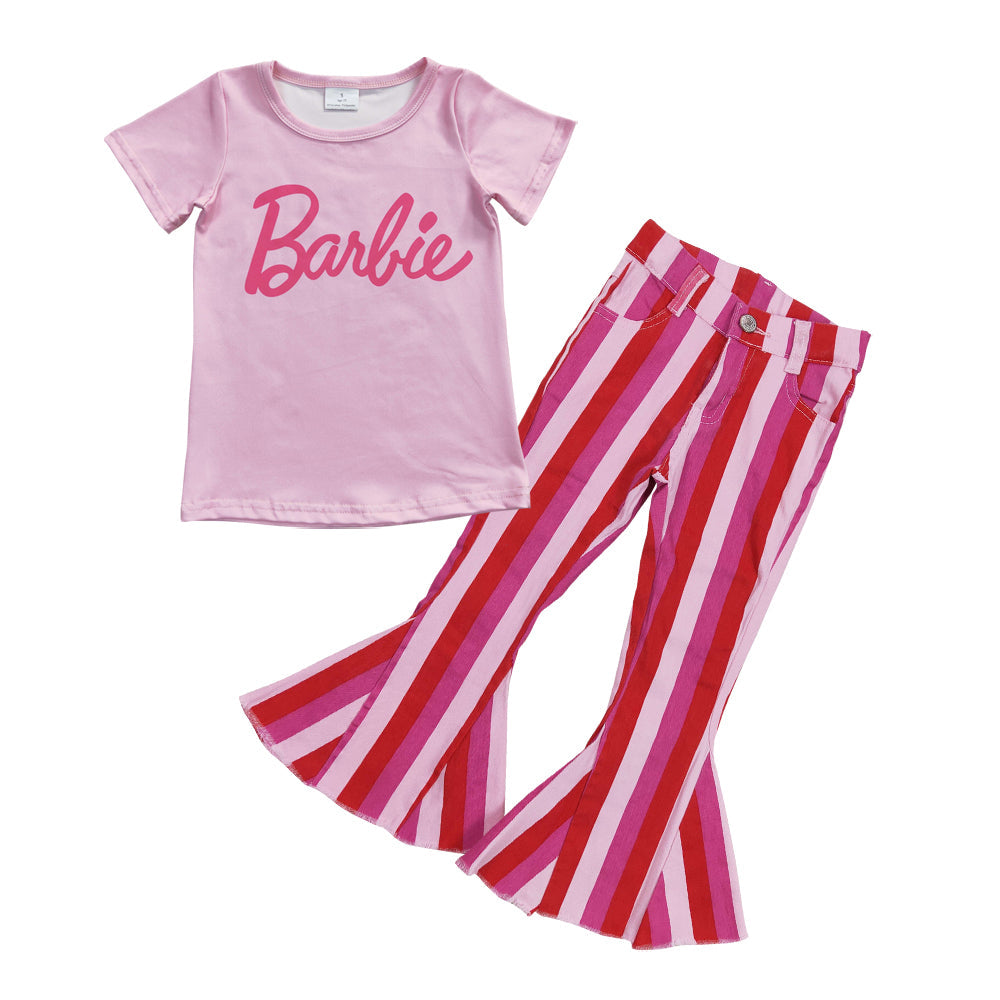 Pink short sleeves top stripe jeans party girls outfits