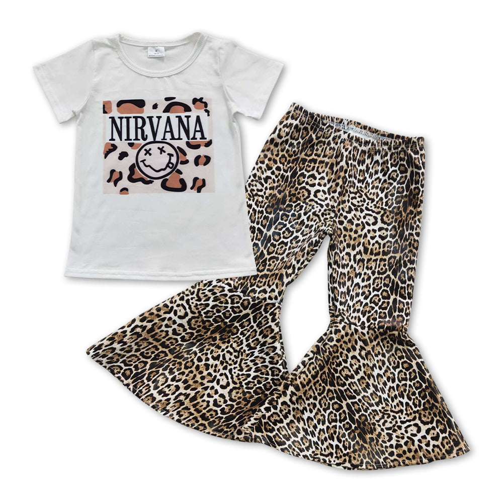 Short sleeves leopard shirt leather pants girls clothing