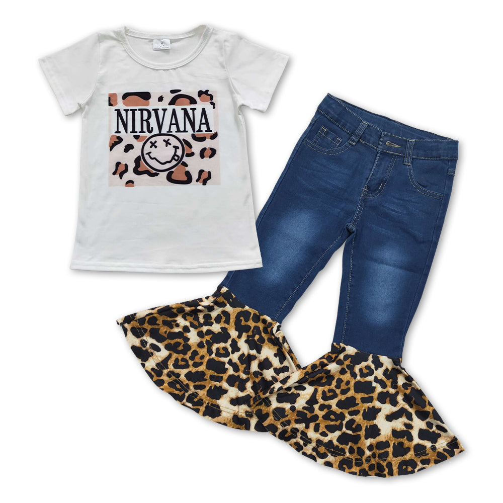 Leopard shirt blue jeans kids girls clothing set