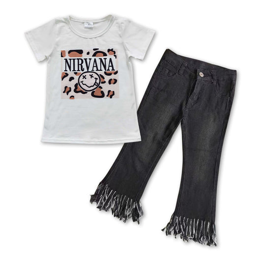 Leopard shirt tassels jeans kids girls clothing set