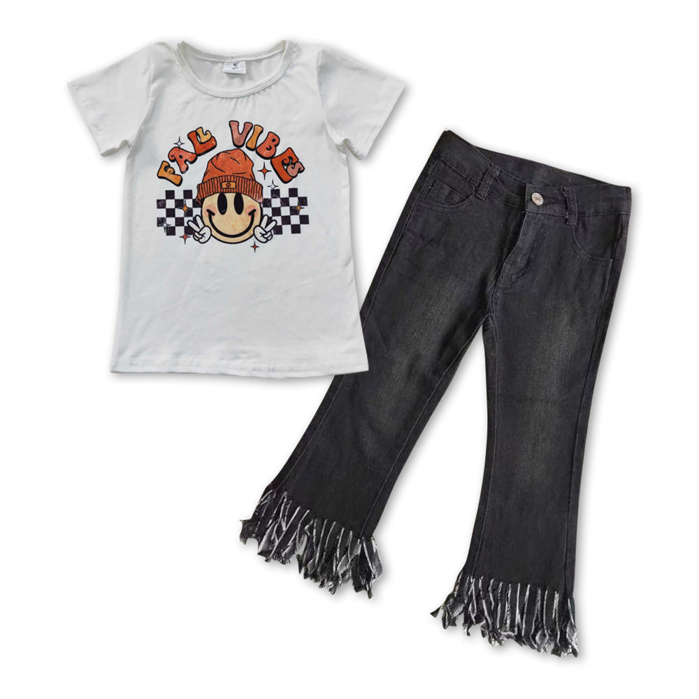 Fall vibes smile shirt black tassels jeans kids girls clothing