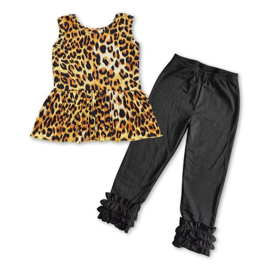 Leopard sleeveless peplum black leggings girls clothes