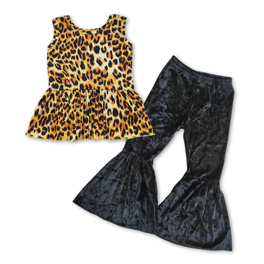 Leopard sleeveless peplum black velvet pants girls clothing