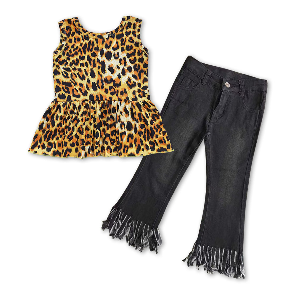 Leopard peplum black tassels jeans kids girls clothing