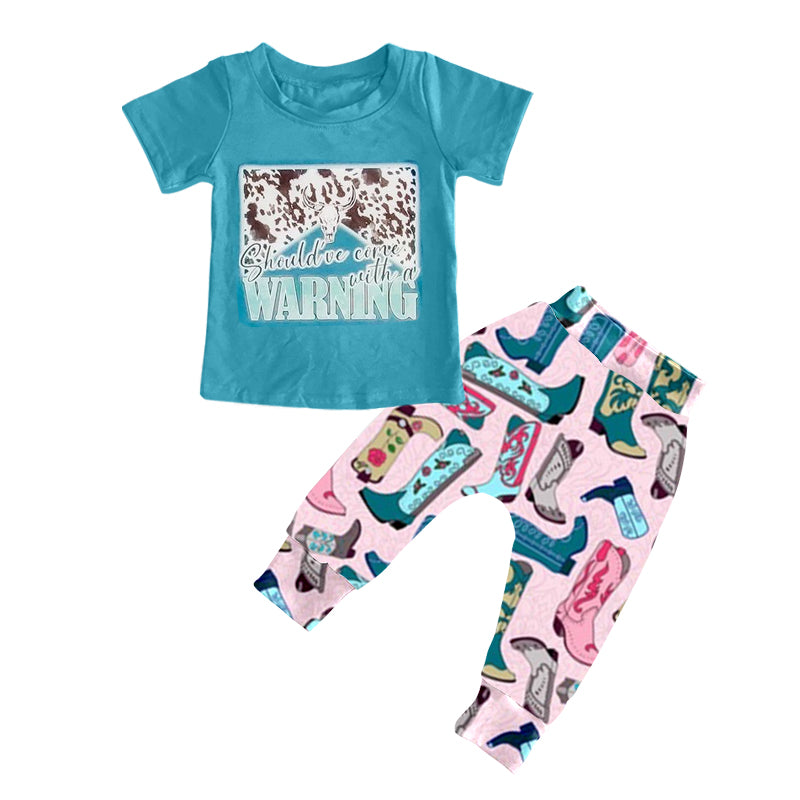 Bull skull warning top boots pants girls clothing set