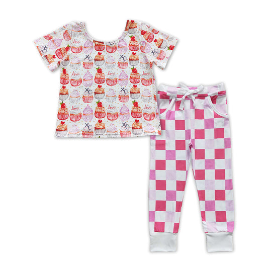 Love cake top plaid pocket pants girls Valentine's outfits