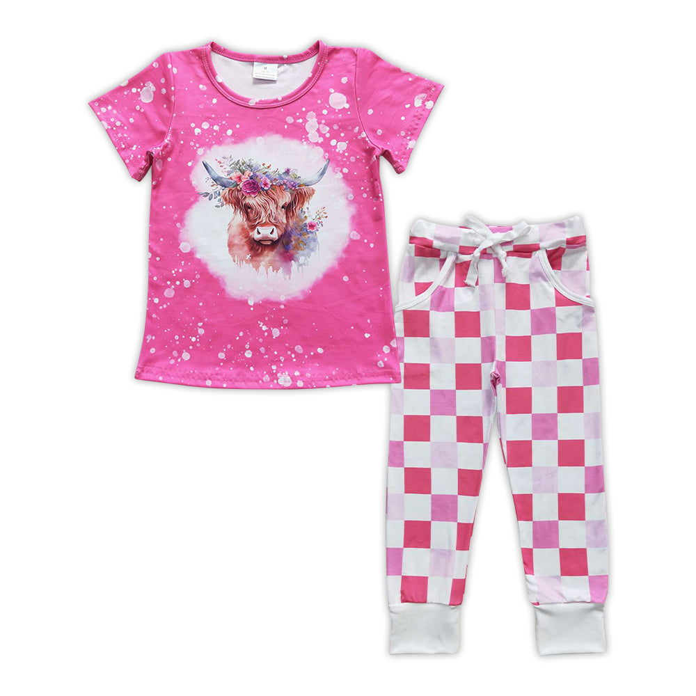 Highland cow bleached top plaid pants girls clothing set