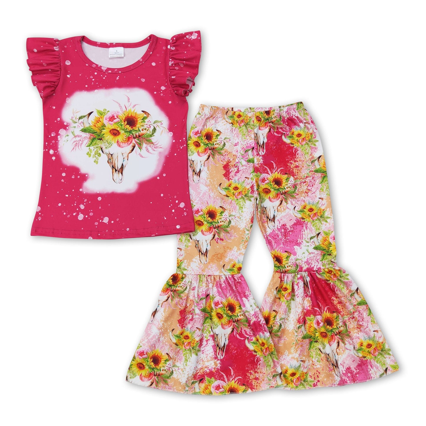 Pink sunflower bull skull girls clothing set