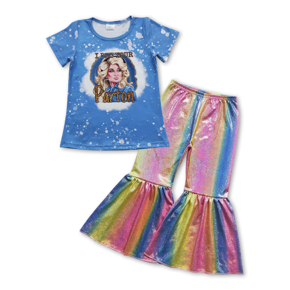 Blue top colorful shinny pants singer girls clothes