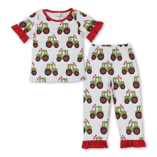 Heart tractor short sleeves farm girls valentine's pajamas