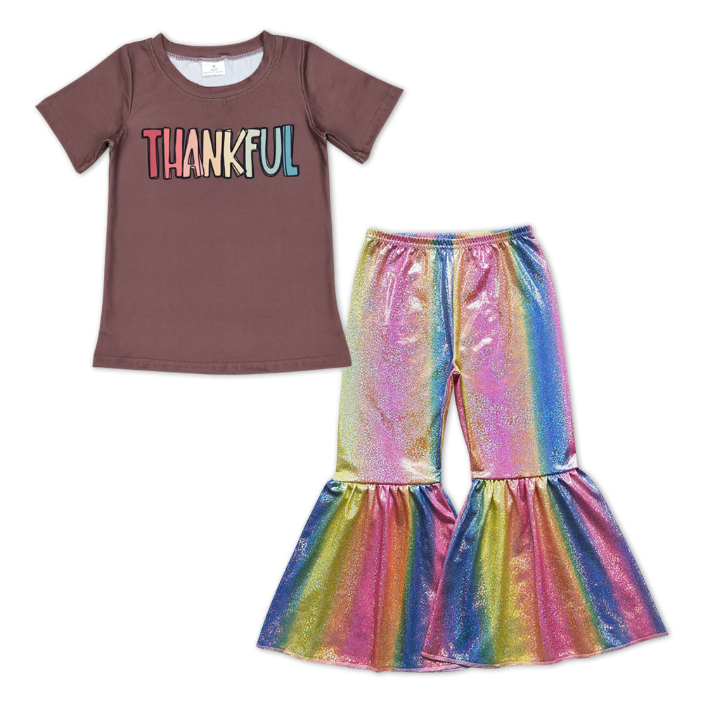 Brown Thankful top colorful shinny pants girls Thanksgiving clothes