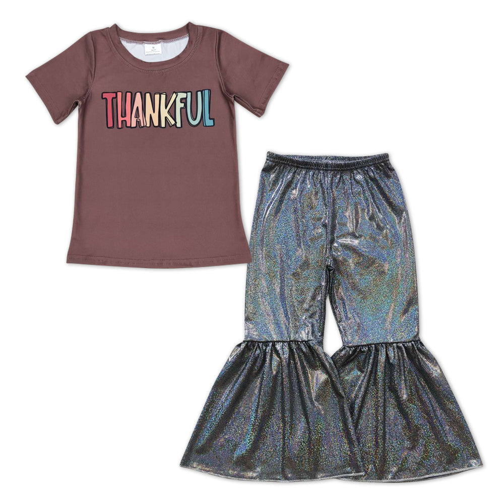 Brown Thankful top colorful black shinny pants girls Thanksgiving outfits