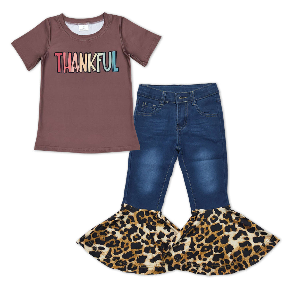 Brown Thankful top leopard jeans girls Thanksgiving clothes