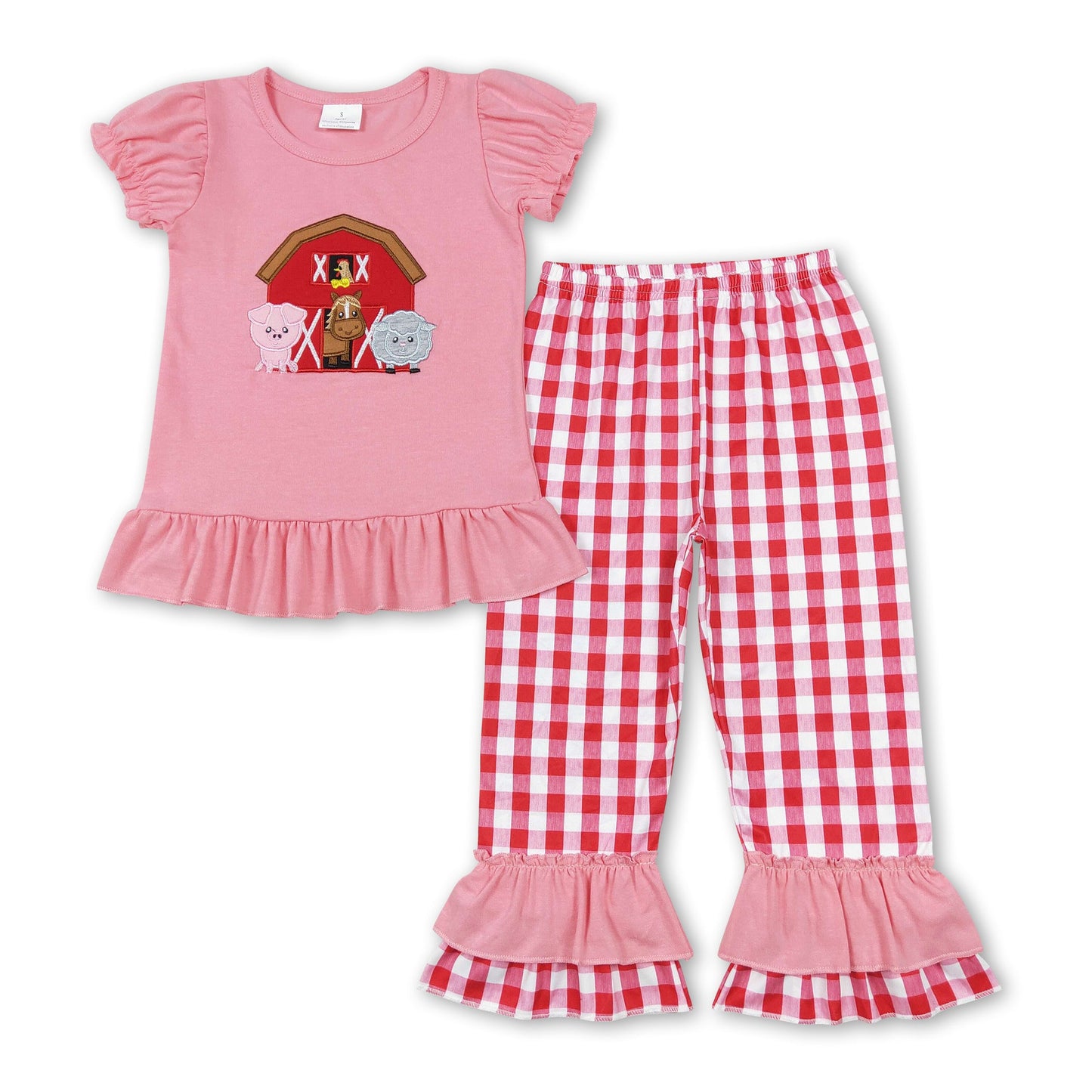 Pig cow sheep chicken top plaid pants girls farm outfits