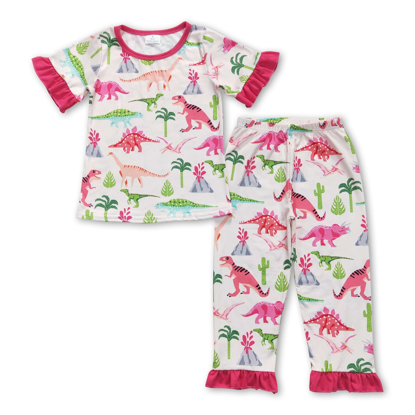Hot pink short sleeves dinosaur cactus girls pajamas
