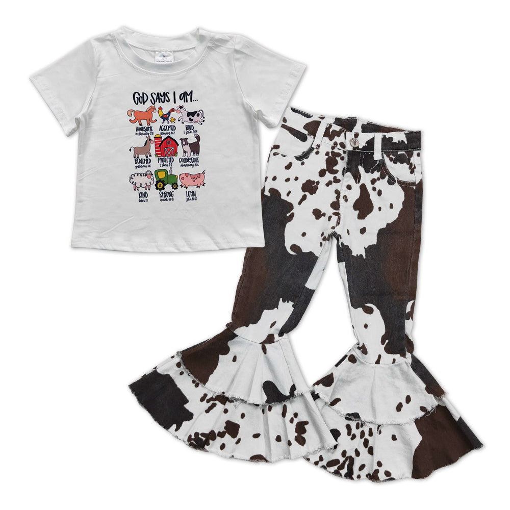 God says I am top brown cow jeans girls farm clothes