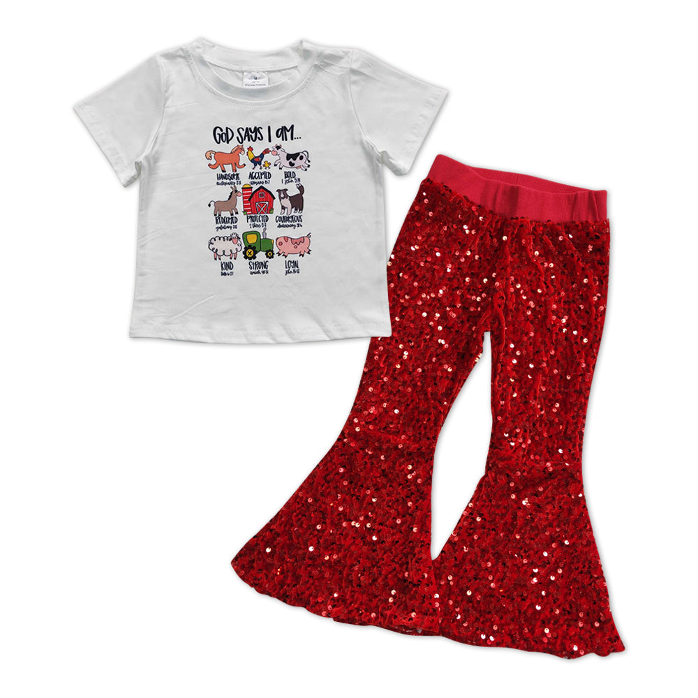 God says I am top red sequin pants girls farm clothes