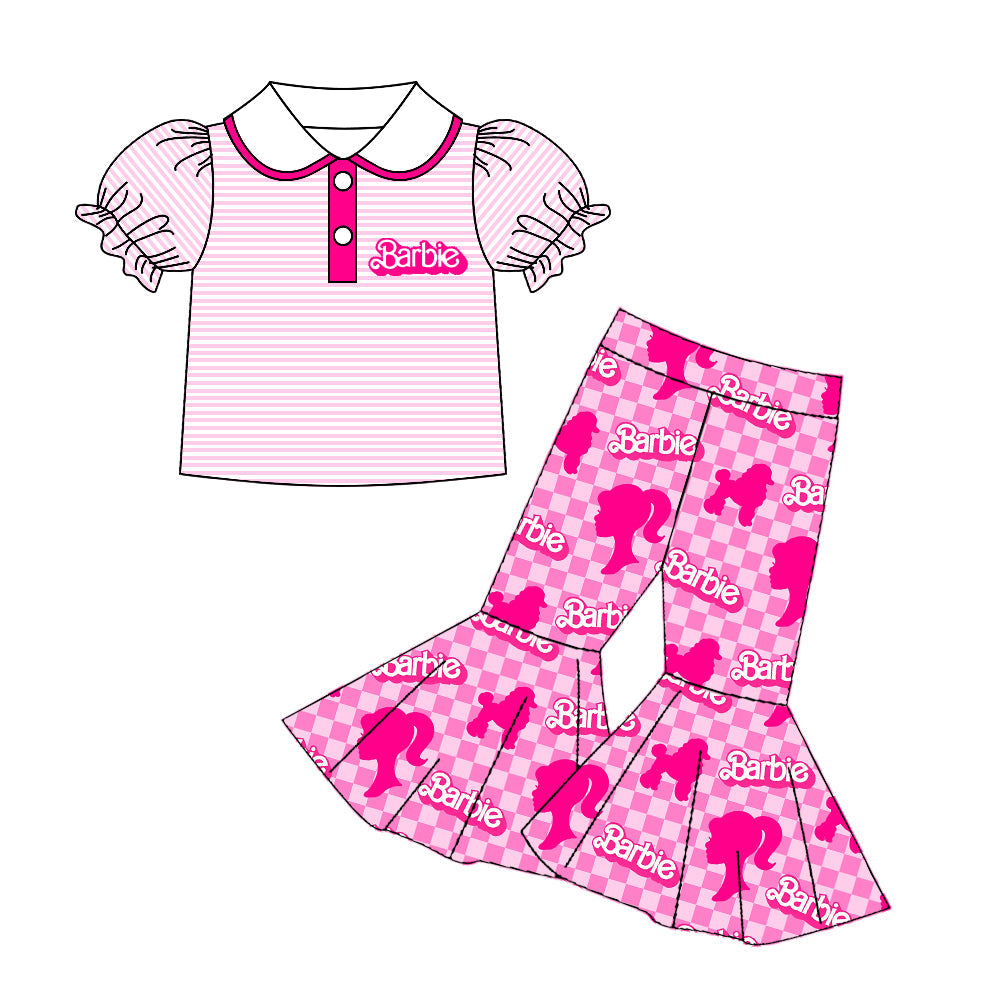 Pink stripe polo shirt plaid pants party girls clothing