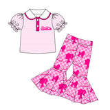 Pink stripe polo shirt plaid pants party girls clothing